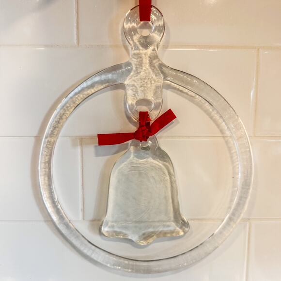 Vintage MJ Designs, Hanging Ornament Heavy Glass Ring Encircling Bell w/ Box - Picture 8 of 9